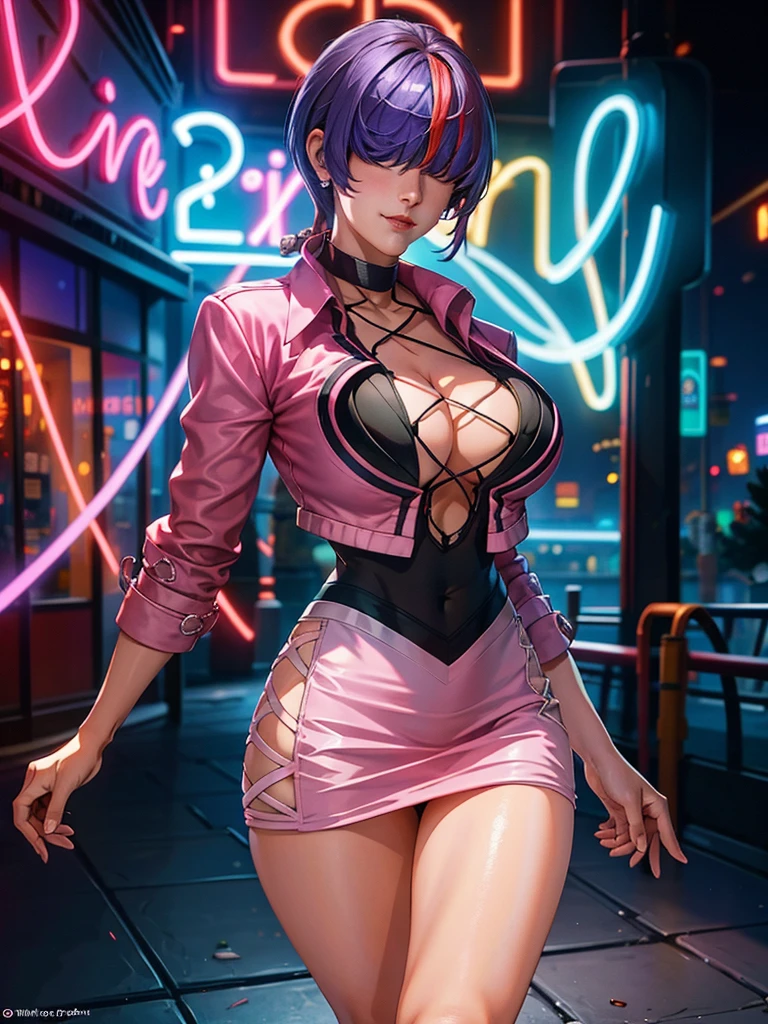(night), in a video game scene with a neon background and a neon light, Standing at attention, pink suit, pink jacket, choker, neckline, clothing cut, earrings, purple hair, she has long bangs in her hair that cover her eyes ((hair over eyes)), 1 girl, 20 years old, Young woman, Beautiful finger, Beautiful long legs, Beautiful body, Beautiful nose, Beautiful character design, perfect face, looking at viewer (focusing on his face), mouth closed, Light_Smile, official art, extremely detailed CG unity 8k wallpaper, perfect lighting, colorful, bright front lighting, shiny skin, (masterpiece: 1.0), (best_quality: 1.0), ultra-high resolution, 4K, ultra-detailed, photography, 8K, HDR, high resolution, absurdities:1.2, Kodak portra 400, film grain, blurred background, bokeh:1.2, lens flare, (vibrant_color:1.2), professional photography, (Beautiful, breasts: 1.4), (beautiful_face: 1.5), (narrow_waist),