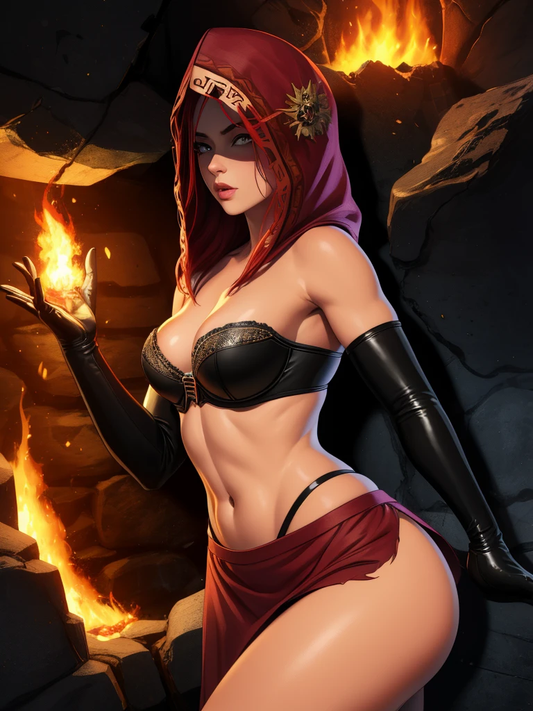 Dsorceress, redhair, shadowy face,dark cave, fire, hood, shadowed face, strapless bra, slim and athletic body, miniskirt, no panty, elbow gloves, dark skin, 1 girl (insanely detailed, masterpiece, best quality)