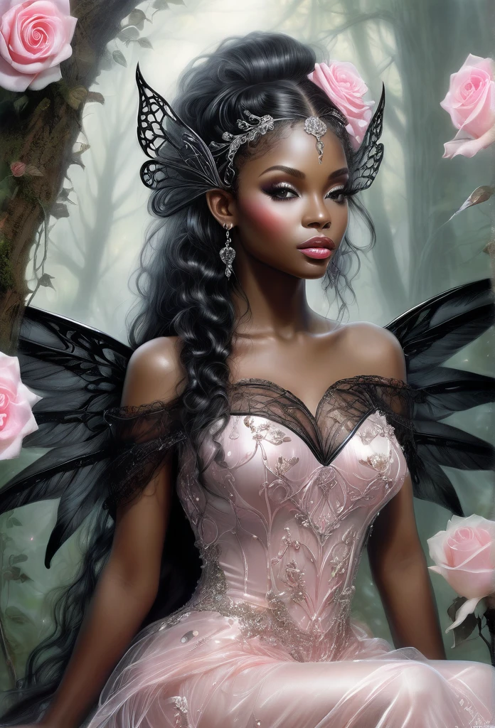 double exposure,A masterpiece,a black girl elf,(elf,ears)big translucent wings,very adorned hair and dress,(black skin)(full body) black goddess, sitting on a tree branch,sparkling roses surrounding her,mist forest,oil painting,by luis Royo, drawn pencil art, ultra detailed, lips ultra gloss, long. wavy hair, dressed long,transculent, dressing, pink cup, bacground vintage, perfect hands, hearts, rose, filigree, glowing, shadowy, ultra quality, 3d, spoked hairstyle