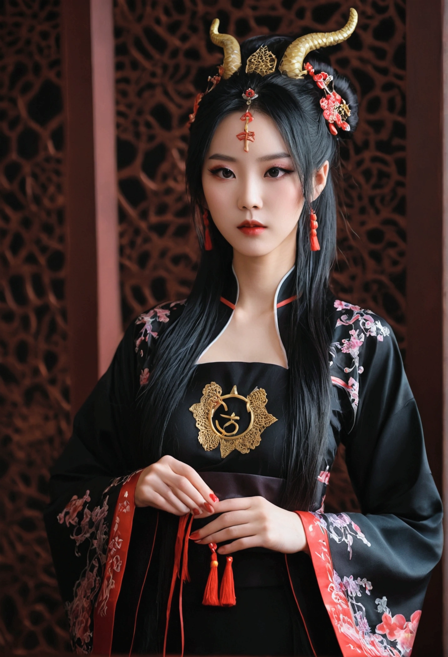 几个性感美艳的Satanic Cult妖女完全堕落的形象。Wearing Sexy Hanfu。The main color of the whole body picture is black。Make the character more full。Want Sexy Hanfu full body portrait of Chinese ancient costume fairy elements real photography style，Xianxia scene。A photography style that emphasizes real life。Based on real actors。The scene can be a palace，Satanic Cult，battlefield。Dining room。Clothing matching。Looks plump, Sexy, Mysterious and decadent。It&#39;s easy to tell that these people are bad women.、Bad Guy。decay，只知享受醉生梦死的Satanic Cult妖女。Makeup should be charming。You can add snake tattoos or skull tattoos to exposed skin..。The background can be designed with some gorgeous, Luxurious and decadent atmosphere。The generated work needs to be perfect from hair to toes.。Note that there should be at least two characters in the group photo。