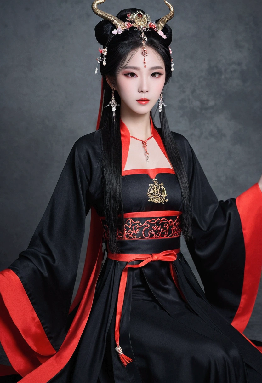 几个性感美艳的Satanic Cult妖女完全堕落的形象。Wearing Sexy Hanfu。The main color of the whole body picture is black。Make the character more full。Want Sexy Hanfu full body portrait of Chinese ancient costume fairy elements real photography style，Xianxia scene。A photography style that emphasizes real life。Based on real actors。The scene can be a palace，Satanic Cult，battlefield。Dining room。Clothing matching。Looks plump, Sexy, Mysterious and decadent。It&#39;s easy to tell that these people are bad women.、Bad Guy。decay，只知享受醉生梦死的Satanic Cult妖女。Makeup should be charming。You can add snake tattoos or skull tattoos to exposed skin..。The background can be designed with some gorgeous, Luxurious and decadent atmosphere。The generated work needs to be perfect from hair to toes.。Note that there should be at least two characters in the group photo。