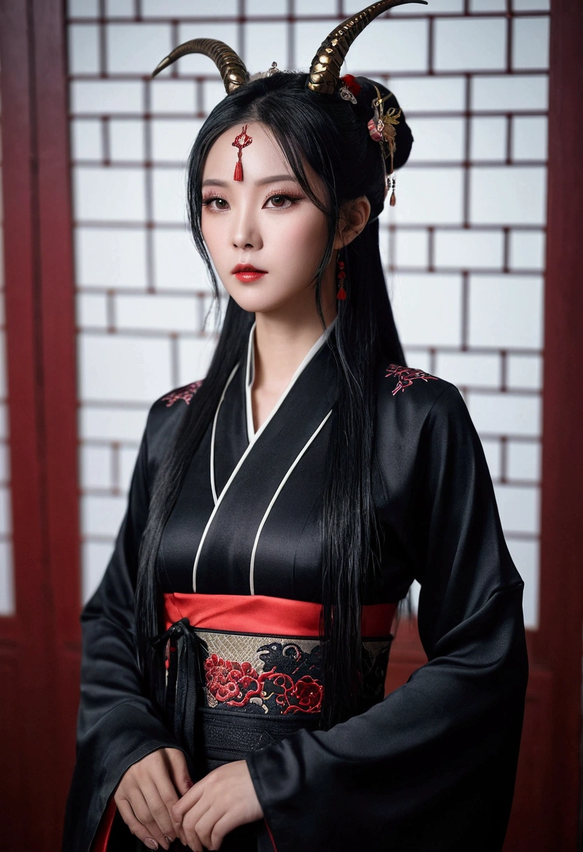 几个性感美艳的Satanic Cult妖女完全堕落的形象。Wearing Sexy Hanfu。The main color of the whole body picture is black。Make the character more full。Want Sexy Hanfu full body portrait of Chinese ancient costume fairy elements real photography style，Xianxia scene。A photography style that emphasizes real life。Based on real actors。The scene can be a palace，Satanic Cult，battlefield。Dining room。Clothing matching。Looks plump, Sexy, Mysterious and decadent。It&#39;s easy to tell that these people are bad women.、Bad Guy。decay，只知享受醉生梦死的Satanic Cult妖女。Makeup should be charming。You can add snake tattoos or skull tattoos to exposed skin..。The background can be designed with some gorgeous, Luxurious and decadent atmosphere。The generated work needs to be perfect from hair to toes.。Note that there should be at least two characters in the group photo。