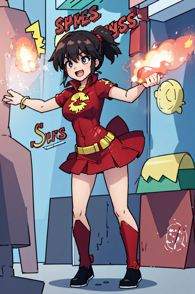 girl, super hero, flames ,powerful pose, super hero pose