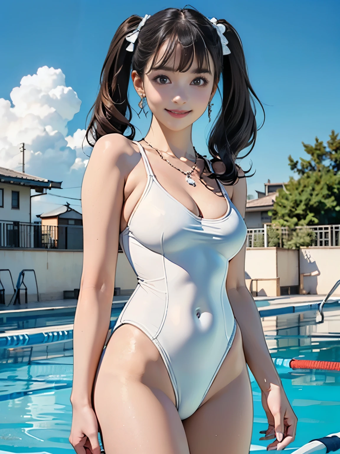 ((((Highest quality))))、(((Ultra-precision CG16K wallpaper)))、(((masterpiece)))、(((Super detailed)))、(((Extreme detail)))、((1Mature 29 year old woman:1.6))、((Very beautiful Japan face of a person))、((Urizane Face:1.8))、((Soft wavy twin tail hair、blunt bangs:1.6))、(Shiny Hair)、A delicately drawn beautiful face、(Dark Eyes、Detailed pupil and iris、Reflected light from the eye)、double eyelid、High nose、Small nostrils、Small Mouth、Seductive lips、Beautiful breasts、((B cup size breasts))、Cleavage、Delicate nails、Beautiful feet、((Thin thighs))、eight-headed body、Perfect proportions、Perfect Anatomy、Perfect composition、Beautiful detailed shading、Beautiful, natural lighting、Beautiful detail glow、Depth of written boundary、(((High chroma)))、(((Real:1.9)))、((vivid:1.5))、((Beautiful Skin))、((Skin Texture))、((Realな皮膚感))、(((Cowboy Shot:1.6)))、(((front view、shoot from front、front low angle:1.6)))、(((smile:1.6)))、(((looking at camera:1.6)))、Bright daylight、Natural light、(((background_Outdoor pool side、Sky and Clouds:1.5)))、(Standing pose:1.6)、(((White school swimsuit:1.6)))、((necklace、Wearing earrings:1.5))、