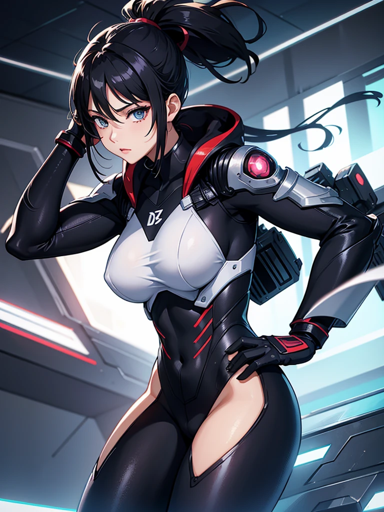 Sexy Cyborg Suit、、beautiful girl、ponytail、Black Hair、fight、White beam、H Cup