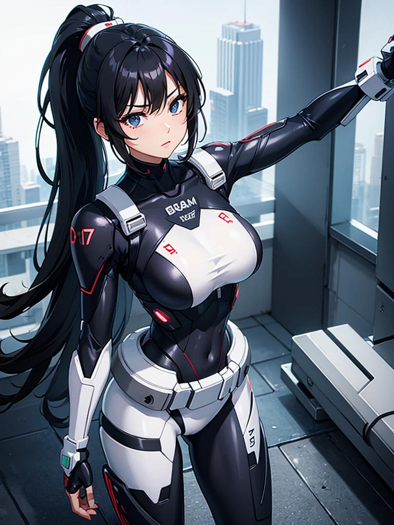 Sexy Cyborg Suit、17 years old、beautiful girl、ponytail、Black Hair、fight、White beam、H Cup