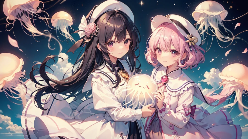 (((Highest quality、Cute cloud jellyfish,Aurelia,masterpiece、Ultra-fine、Ultra-fine、Exquisite、16K、Black Hair,Full HD,Asahi,high school girl,))) 、 (((The best smile,Angle from above)))Dark Eyes、Long eyelashes、White skin、(Pale pink lips、Pale pink cheeks、thin and long)、 ((cute)) ((One person)) 、((The best smile)) 、(A magnificent proposal