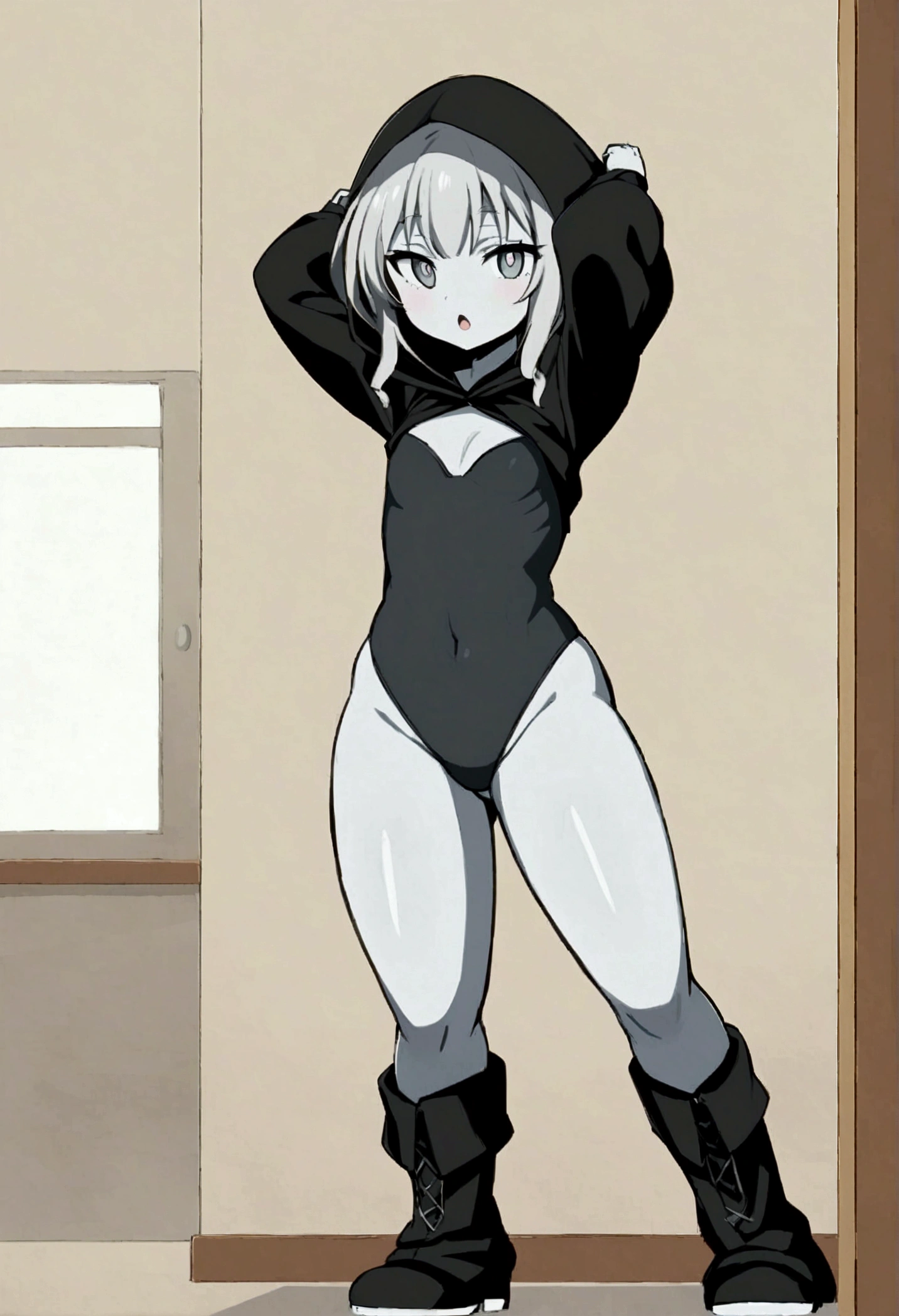 anime style girl 1,70 long light gray hair gray skin shark teeth and gray eyes and light gray pupils very thick and strong legs thick thighs, but without breasts (is flat chest) posing to see her legs in a classroom while wearing a black hooded cape that reaches to her feet with the hood up and a black full body leotard with black boots and tight lycra pants black color that covers his legs 