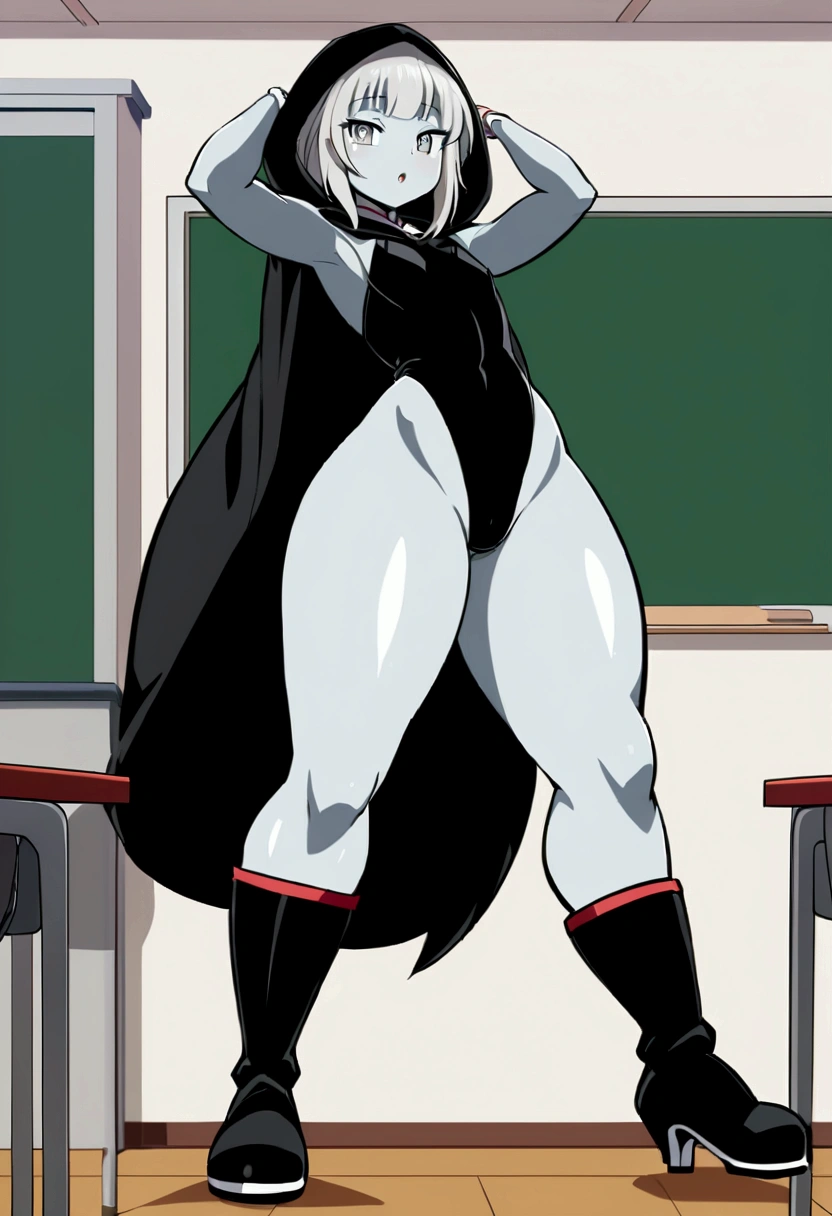 anime style girl 1,70 long light gray hair gray skin shark teeth and gray eyes and light gray pupils very thick and strong legs thick thighs, but without breasts (it's flat chest) posing to see her clothes in a classroom while wearing a black hooded cape that reaches to her feet with the hood up a black full body leotard with black boots