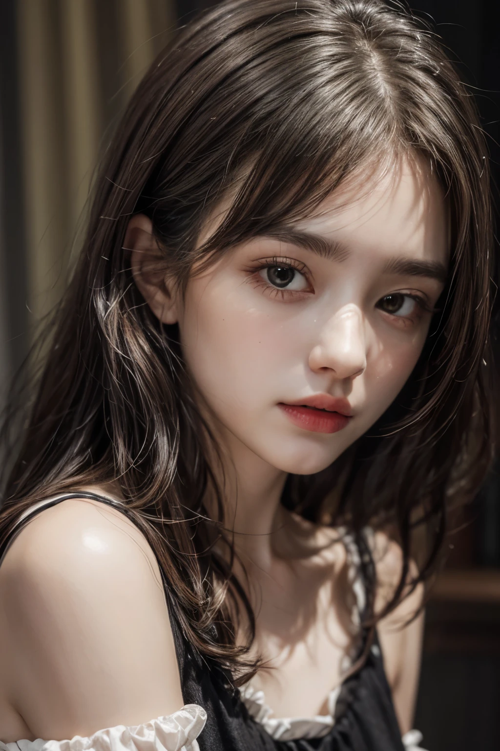 In detail, High resolution, In 8K、Brown Hair,Photorealism, Tabletop, Wavy Hair, Open your mouth, Very detailed, Off the shoulder,1 girl