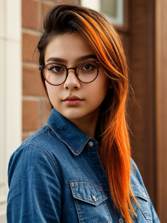 (masterpiece, Best quality:1.2), 1 young tomboy girl, 22, One, Russian chubby brown-eyed girl in glasses with aesthetic small breasts and beautiful erect nipples, Beautiful realistic eyes, round face, round cheeks, small round chin, wide cheekbones, beautiful proportional small wide nose, Plump lips, closed mouth, expressive brown eyes, long eyelashes, glasses with lenses, A little crazy look, sparkle in the eyes, spiky tousled dark brown tousled slightly wavy medium length shoulder length hair, hair combed into a mohawk, highlighting hair strands in fiery orange color, realistic highlighting, Stylish, loose-fitting linen button-down shirt, I don't wear a bra because it's hot, beautiful muscular arms, Graceful fingers, velvety skin, photograph of the upper body from the waist up, high quality human skin textures, realistic hair, Beautiful face, Ideal Anatomy, realistic textures, maximum realism of clothing textures, realistic glasses with distorting lenses, medium shot, free pose, medium shot