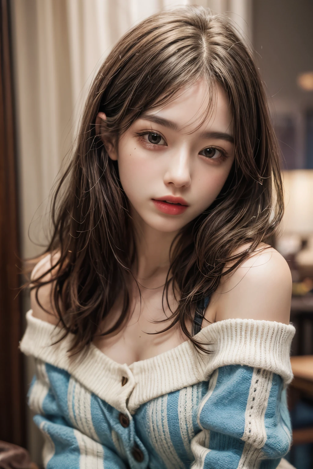 In detail, High resolution, In 8K、Brown Hair,Photorealism, Tabletop, Wavy Hair, Open your mouth, Very detailed, Off the shoulder,1 girl