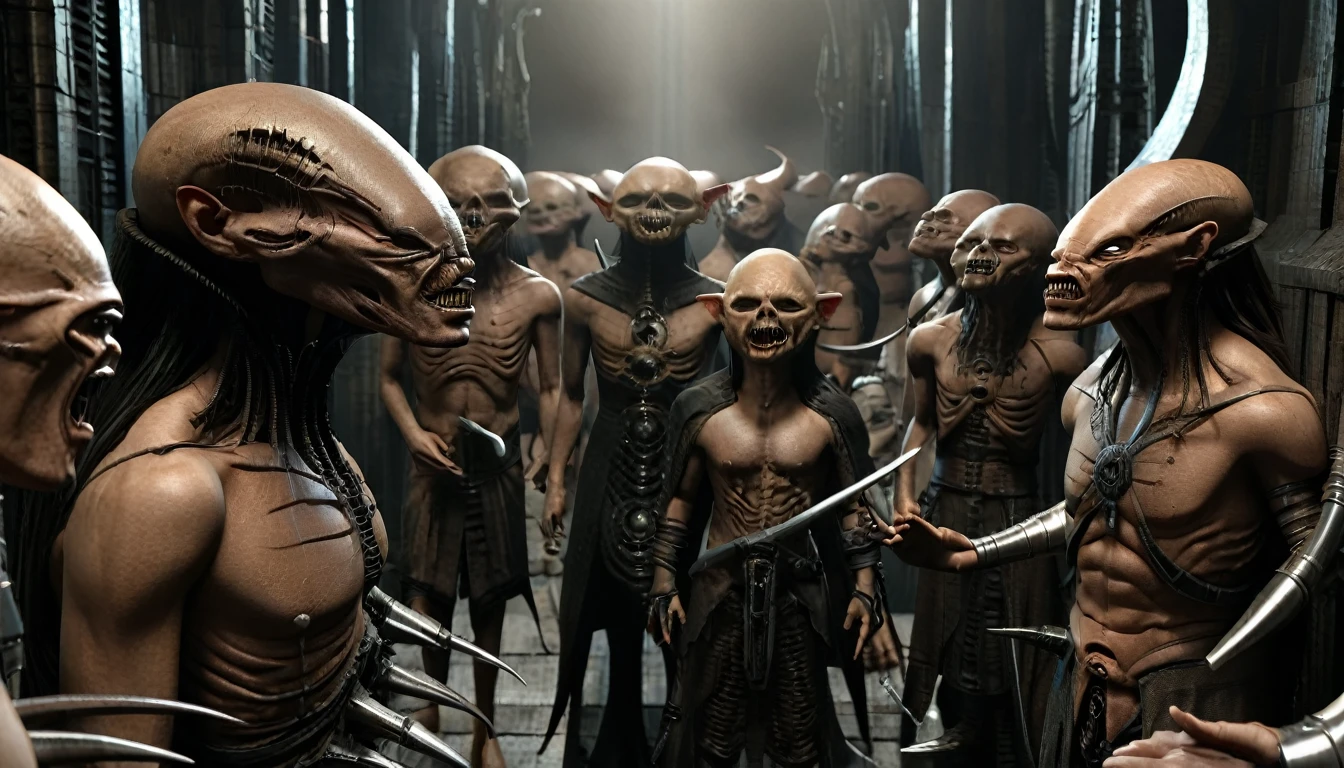 (3D rendering:3.1) in (medium full shot:3.1) of lot of characters from (metal hurlant magazine:3.1), inspired by Anton Semenov and Greg Rutkowski art, barbarian warriors in battles against space creatures, monsters, daemons, aliens, mutant, with explosions, smoke and fire (with Creepy, Sci-Fi, Fantasy and Horror:2.9), directed by Ridley Scott (Cinematic:3.1), horror movie, horrified, terrified, insane, disgusting, disturbing, Impactful, cgsociety, hyper-detailed, digital illusions, cyberspace, photorealistic, arts visuals. Ultra detailed, RAW photo, artstation style, concept art, (masterpiece:2.9), 8k, realistic textures, (3D rendering:3.1)