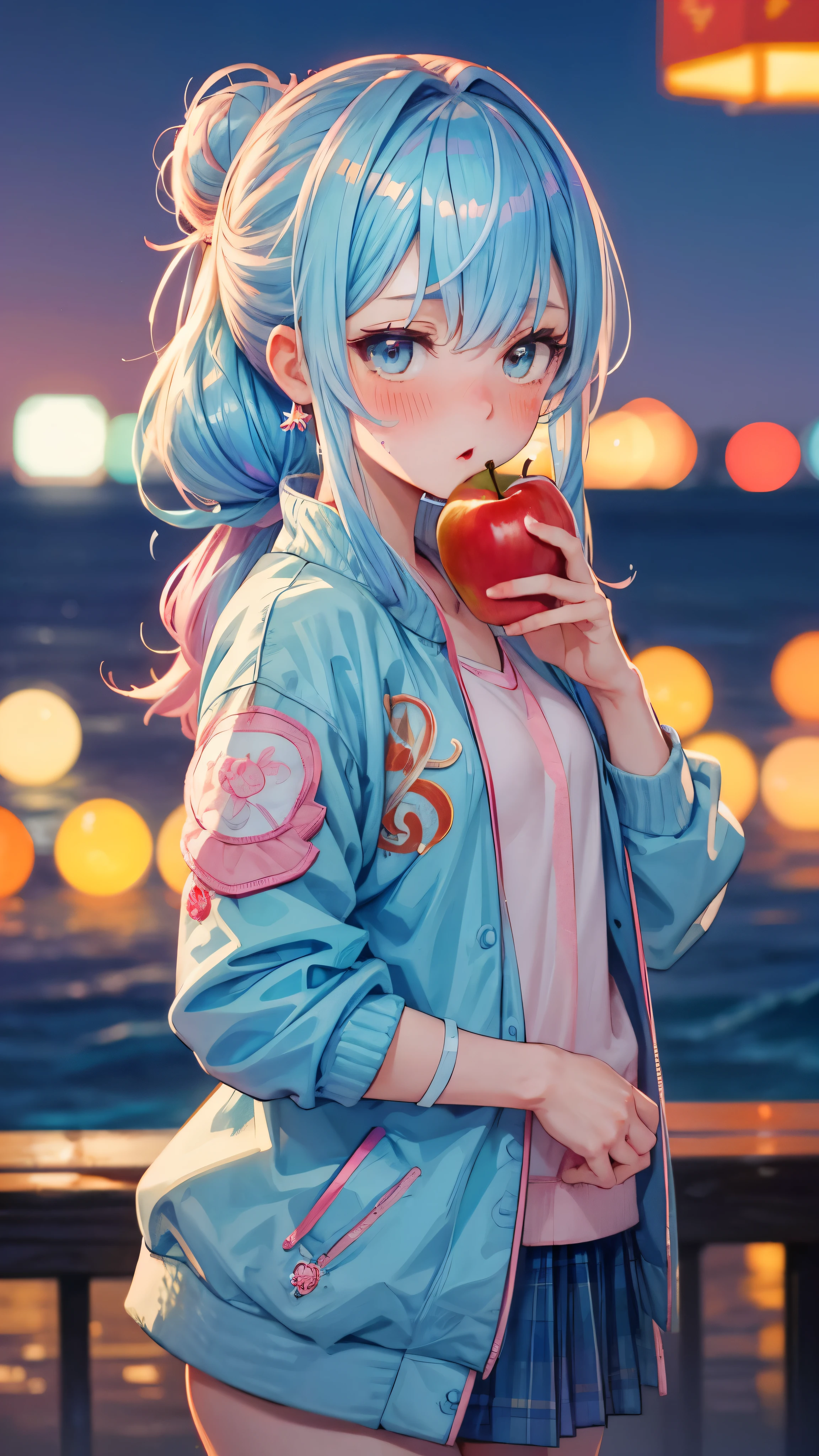 ear blush, full blush, Draw a clear face, Sea-view harbor, Eat an apple, Embarrassed face, Blushing, gradient hair, crystal hair, hair bun, Varsity jacket with koi embroidery, アニメ, light blue hair, cinematic lighting, uhd, highres, best quality, 8k