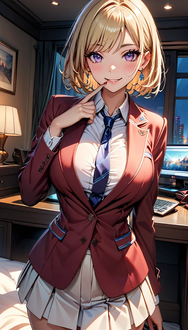 (Highest quality:1.2, High detail, masterpiece:1.2, Best aesthetics), (1 Girl), Cowboy Shot,red jacket,white shirt,white miniskirt,black long socks,brown heels,blue tie,Kushida kikyou, Beautiful detailed eyes, Beautiful detailed lips, Highly detailed face, Detailed Fashion, elegant, luxury, High quality fabric, Shine, Shine, smile, Random Pause, Dutch Angle, bedroom, night, Dramatic lighting, Cinematic, Bright colors, Intricate details, Chiaroscuro lighting.,large breasts ,blonde hair, light purple eyes,red nails,finger in mouth,phone close to ear