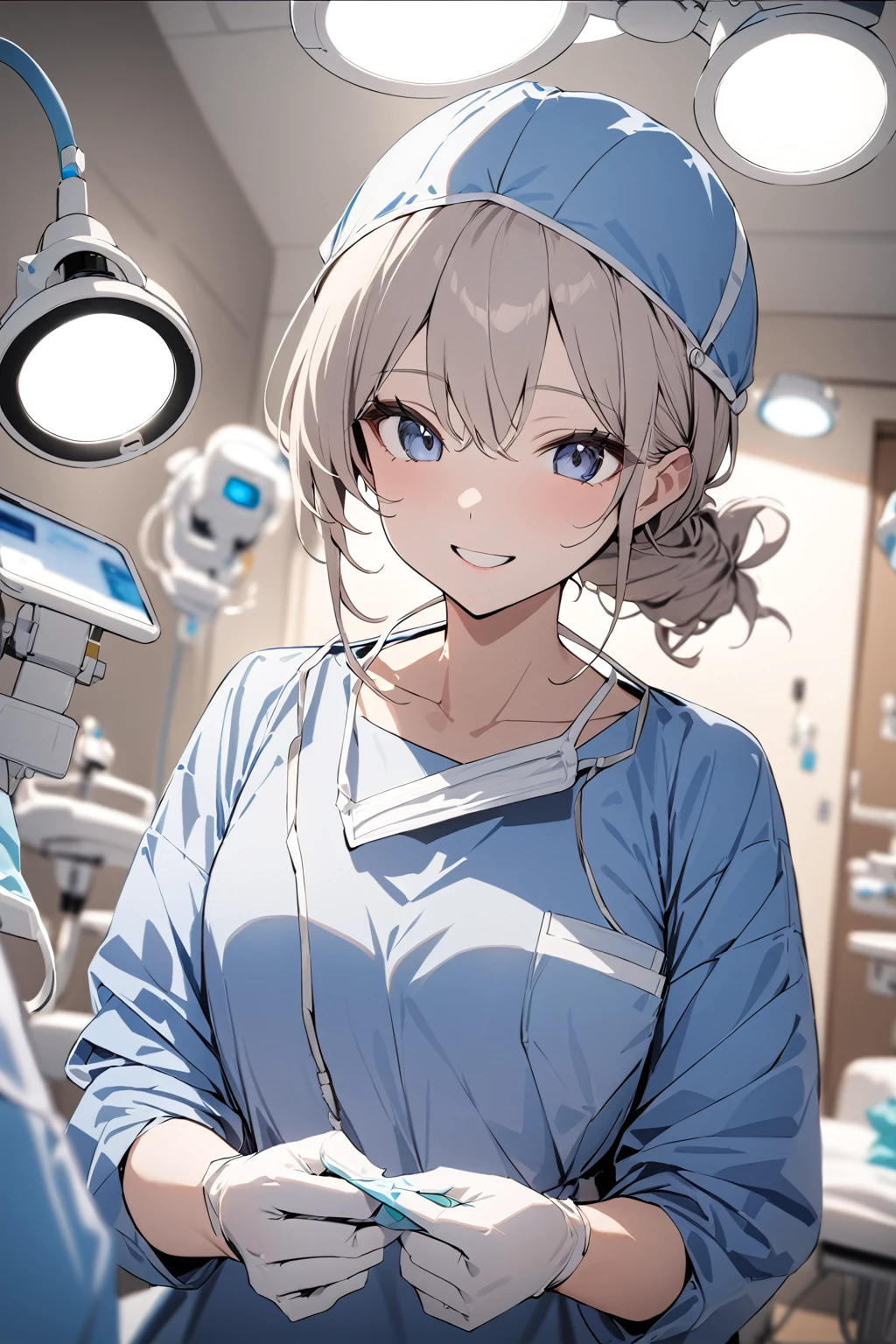 (RAW-Foto, best quality), 1 girl ,smile at the dentist, long-sleeved surgical outfit, surgical Maske,  Surgical gloves, Surgical cap,  operating room, Ceiling-mounted surgical light, blurred background, focused _open, complete_tied, ​masterpiece, best quality,