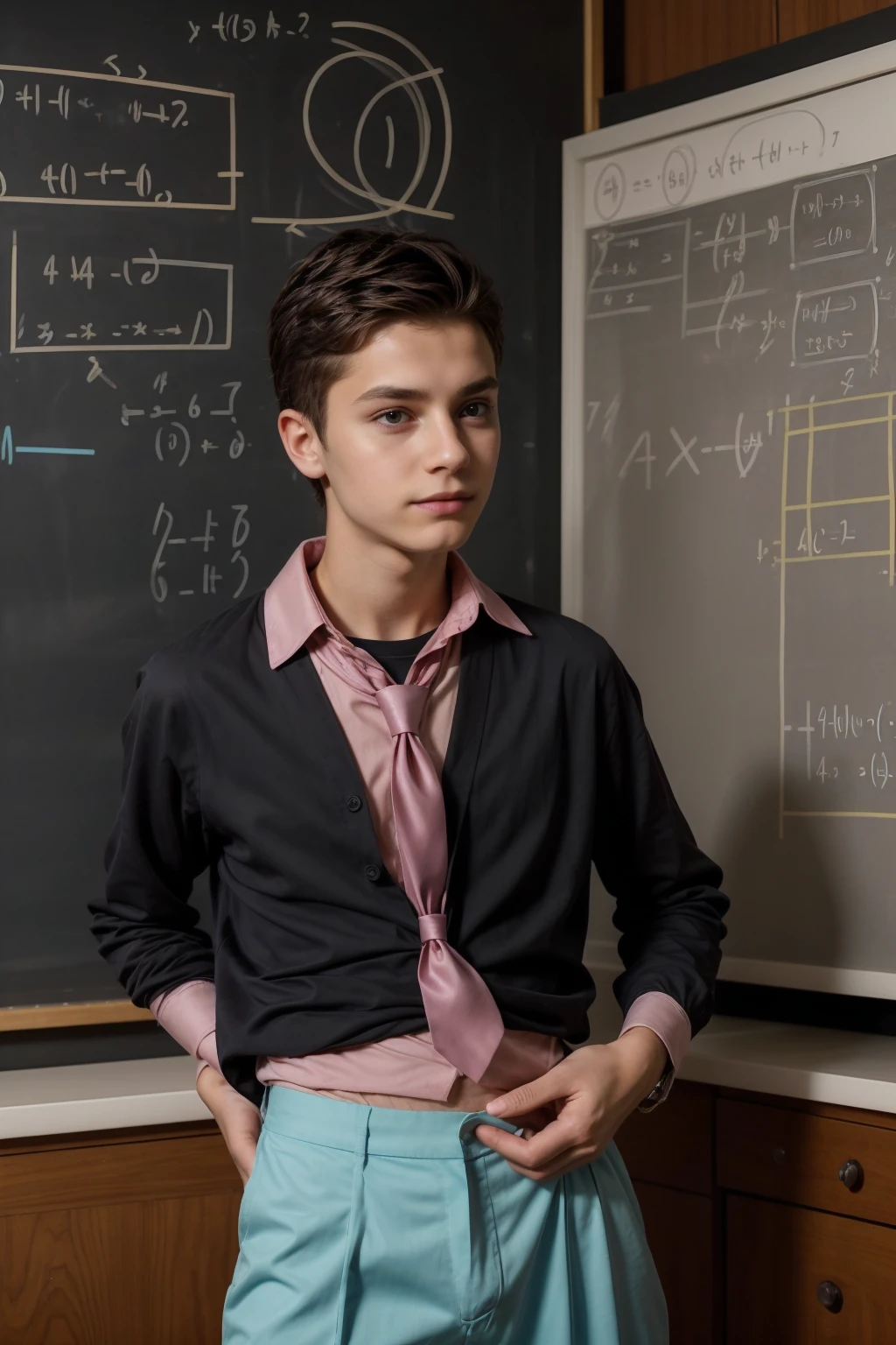 A young male twink with a make-up face and black hair, wearing a long-sleeved pink shirt and aquamarine pants with medieval ties. He is in his office, and behind him is a blackboard with mathematical equations for calculus written on it, and he looks on proudly.