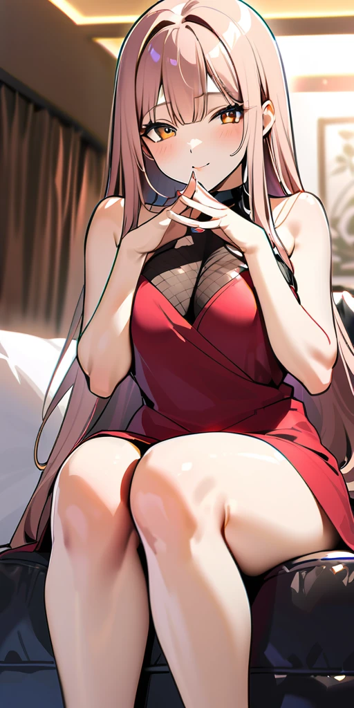 ((Highest quality、、masterpiece:1.3)), Upper Body、Long legs、Sharp focus:1.2, Beautiful woman with perfect figure:1.4、(Smiling:1.2), double eyelid、30-year-old female、Sexy pose、((((Close your mouth、One Woman、ボディコンスーツ、Luxury hotel lounge))))、(((((Hands on the side of the body)))))