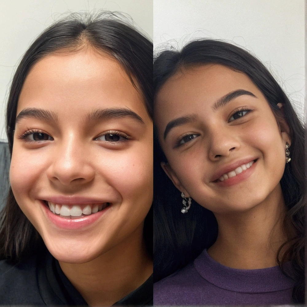 there are two girls that are smiling and posing for a picture, before and after, corrected faces, without makeup, with no facial features, both smiling for the camera, 1 , face retouched, beautiful faces, from her ankles to her neck, accurate faces, 😭 🤮 💕 🎀, facial retouch, frontal, isabela moner