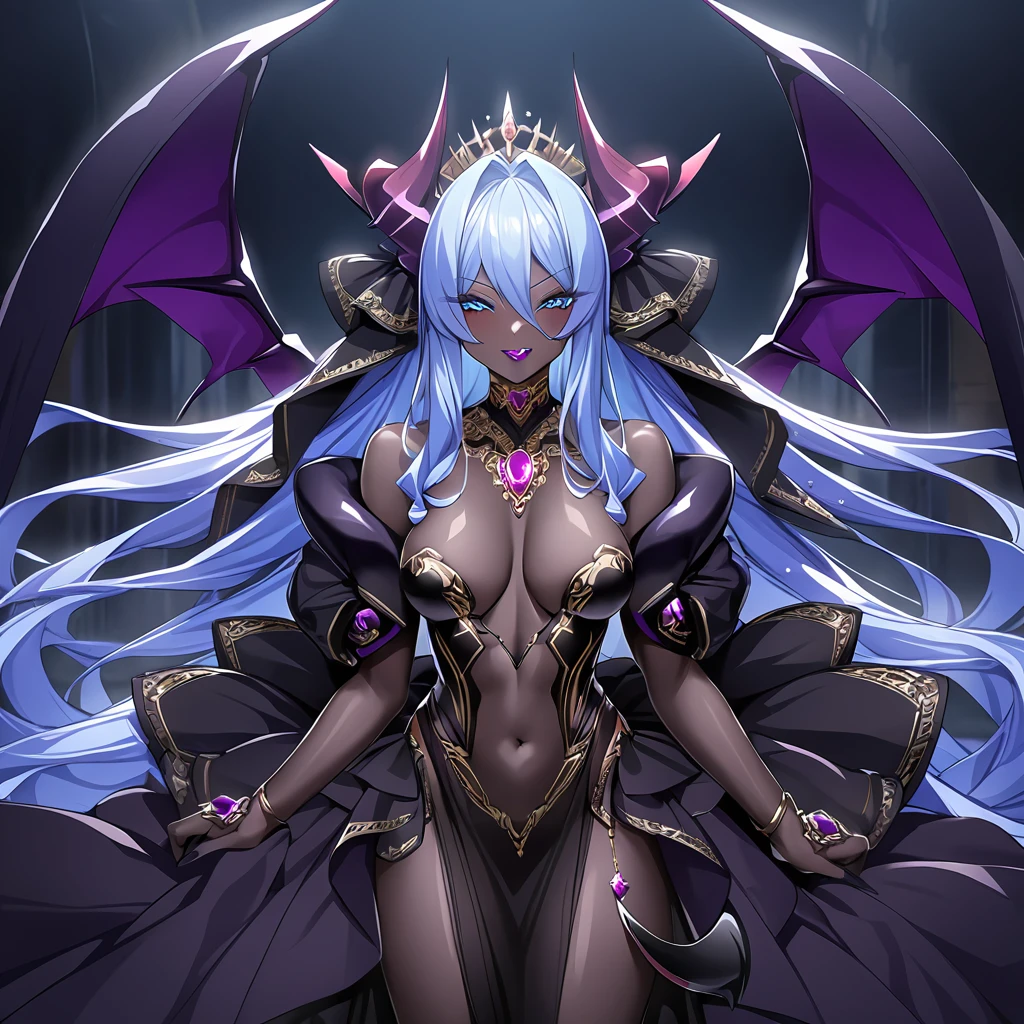 ((Highest quality)), ((masterpiece)), (detailed), (Perfect Face)、The woman is a beautiful, jet-black female demon, the queen of evil, Devil Extia, with medium-long blue hair, wearing a luxurious black wedding dress with gold embroidery and trim, a black wedding veil, an engagement ring, luxurious accessories, lipstick and makeup, and an elegant, beautiful female demon, the Demon Queen.、A great demon with jet black skin, evil devil horns, devil wings and a devil tail.