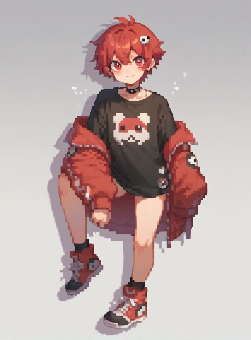 cute rocker girl, full body, with red and black clothes. Pixelated style but clear.