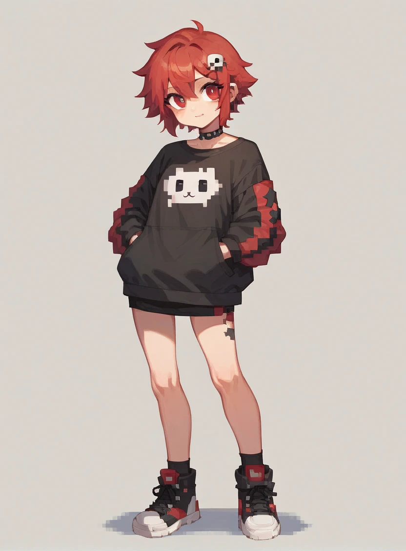cute rocker girl, full body, with red and black clothes. Pixelated style but clear.