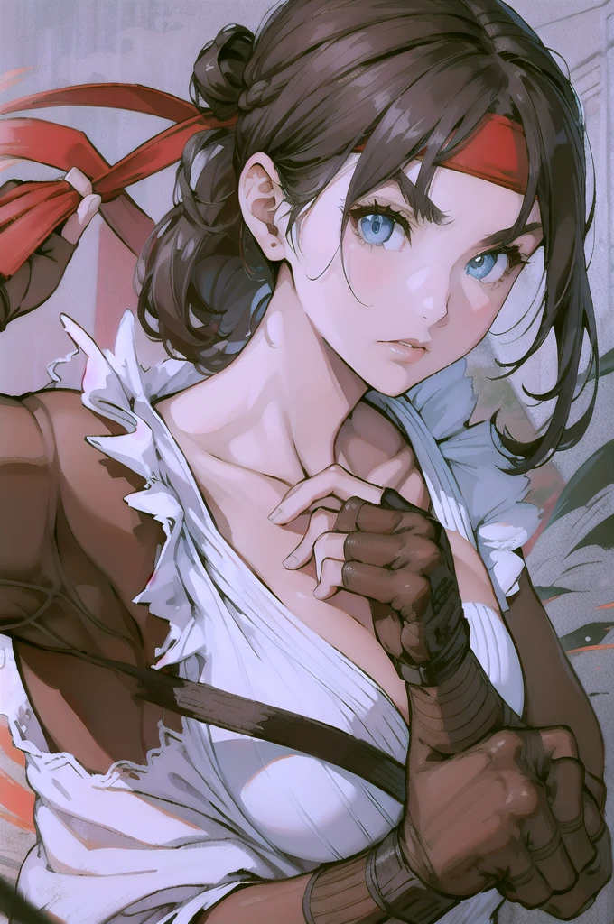 (masterpiece, best quality:1.2), expressive eyes, perfect face, highres, 1girl, solo, ryu \(sf\), (female:1.5), black hair, long hair, dougi, fingerless gloves, headband, fighting pose, portrait, looking at the viewer