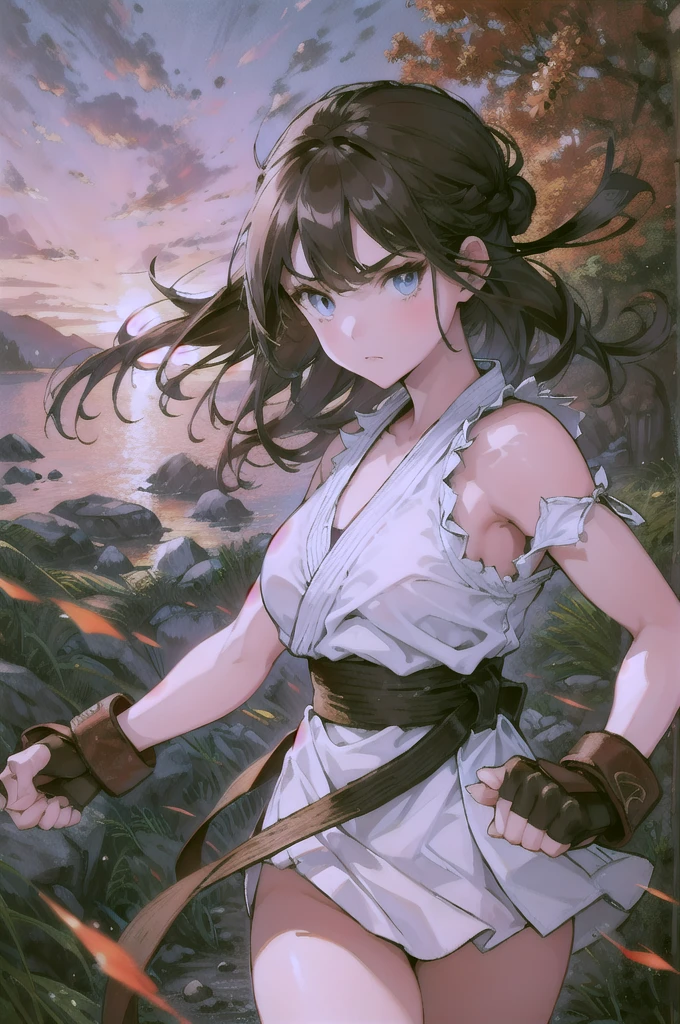 (masterpiece, best quality:1.2), expressive eyes, perfect face, highres, 1girl, solo, ryu \(sf\), (female:1.5), black hair, long hair, dougi, fingerless gloves, headband, fighting pose, portrait, looking at the viewer