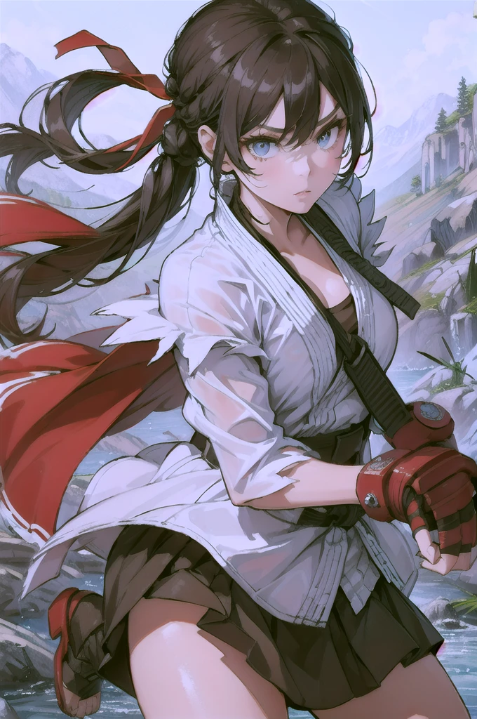 (masterpiece, best quality:1.2), expressive eyes, perfect face, highres, 1girl, solo, ryu \(sf\), (female:1.5), black hair, long hair, dougi, fingerless gloves, headband, fighting pose, portrait, looking at the viewer