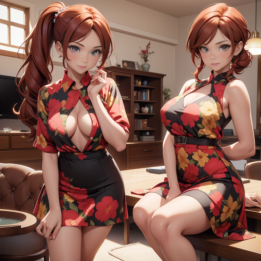 (Masterpiece), (4k), ) (vivid colors), (evening light) Woman of 40 with long brown hair with red highlights dressed as a successful MILF businesswoman with a pose and seductive look, accompanied by her 2 daughters, , blonde with pigtails, wearing a floral dress with little breasts, and the other, 16 years oldth short hair and medium breasts, wearing a low-cut top and a short skirt in the living room of her house.