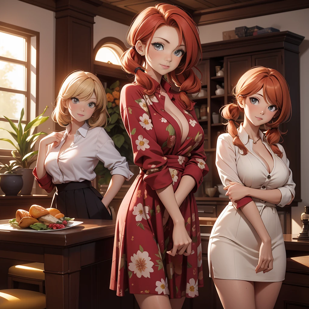 (Masterpiece), (4k), ) (vivid colors), (evening light) Woman of 40 with long brown hair with red highlights dressed as a successful MILF businesswoman with a pose and seductive look, accompanied by her 2 daughters, , blonde with pigtails, wearing a floral dress with little breasts, and the other, 16 years oldth short hair and medium breasts, wearing a low-cut top and a short skirt in the living room of her house.