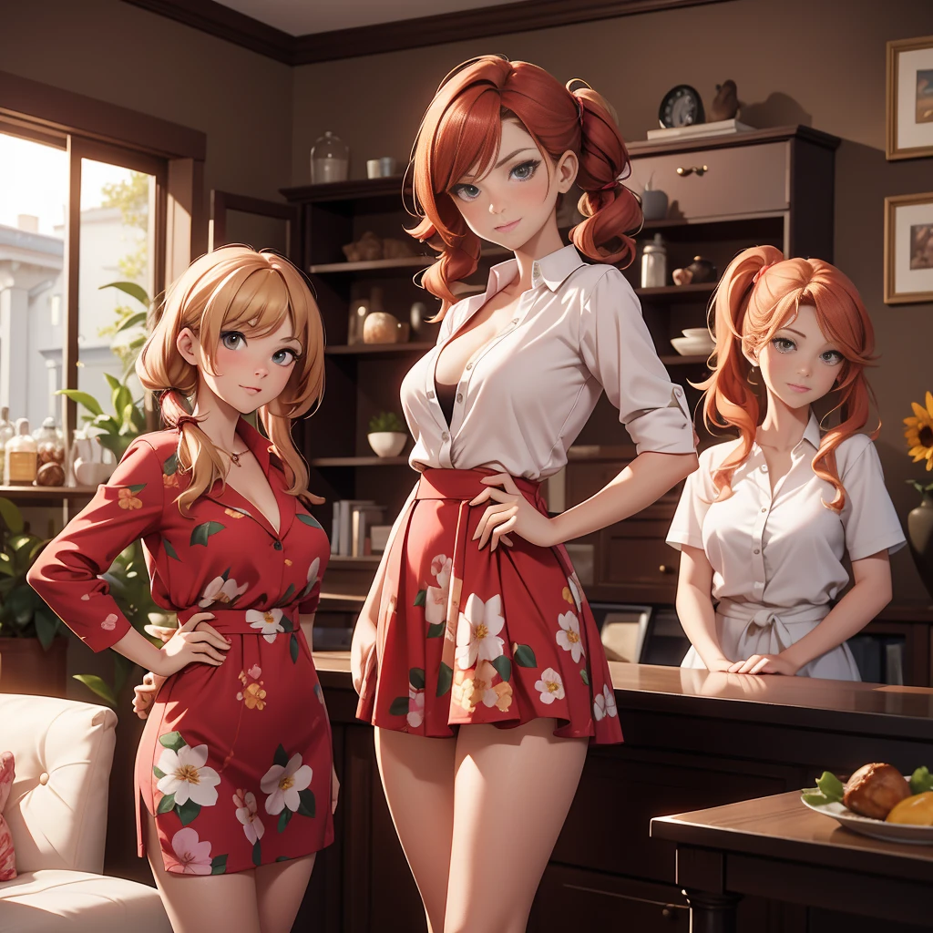 (Masterpiece), (4k), ) (vivid colors), (evening light) Woman of 40 with long brown hair with red highlights dressed as a successful MILF businesswoman with a pose and seductive look, accompanied by her 2 daughters, 13 years old, blonde with pigtails, wearing a floral dress with little breasts, and the other, 16 years old, redhead with short hair and medium breasts, wearing a low-cut top and a short skirt in the living room of her house.