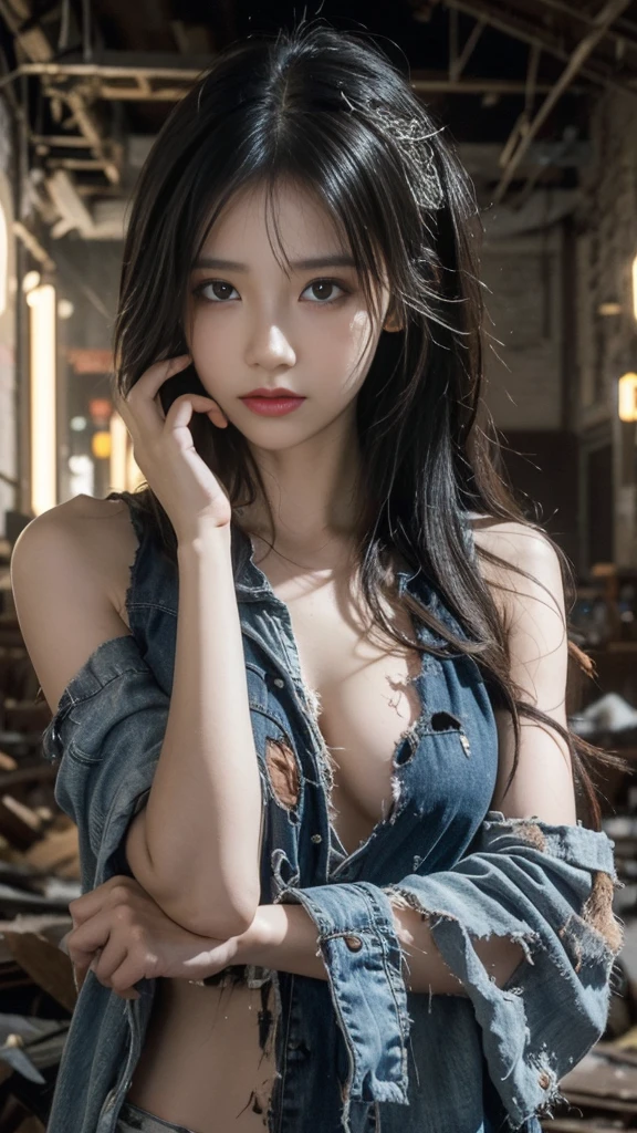 ruins, (beautiful girl), ((In tattered and tattered clothes, Dirty body)), beautiful girl, Highest quality, 8ก, Masterpiece, (Detailed eyes and face), (detailed hands), Professional photography techniques, movie theater lighting, (tears from eyes)