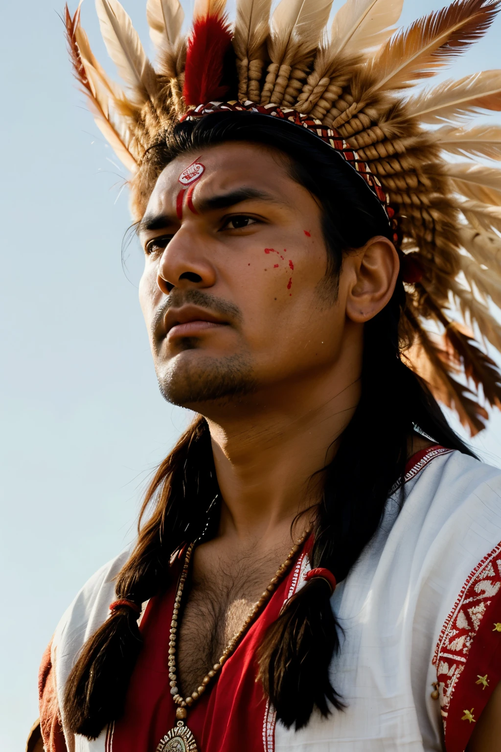 ((Best Quality)), ((Masterpiece)), (detailed), red skin indian, Face focus, adult man with intimidating look, traditional indian hat face in 3 quarters. Looking up to the sky, angry look
