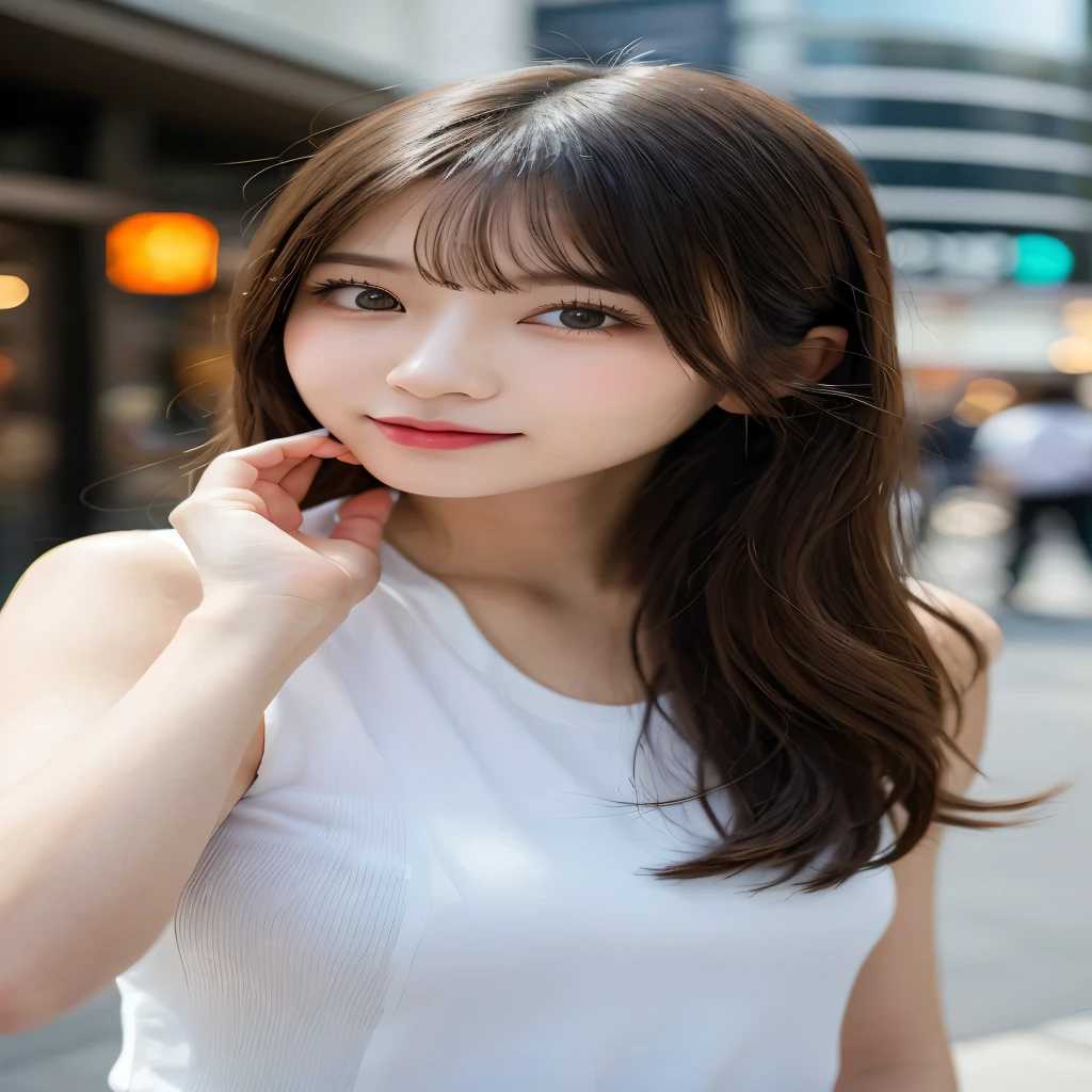 Tabletop, Highest quality, shape, Very detailed, finely, High resolution, 8k wallpaper, Perfect dynamic shape, Beautiful and exquisite,Random cute hair,,Natural color lip, Bold sexy pose,smile、20-year-old girl、cute、Looking into the camera,Always blur the background,Perfect and beautiful face,Slim face and figure,Big eyes、Putting on gal makeup,Small face,smile,Blurred Background,Elegant feminine face、Cyberpunk Fashion、Fun in Shibuya、Disheveled Hair、Change pose randomly、Randomly change the shooting angle and position、Summer fashion for women、Disheveled Hair、harajuku、Cool pose