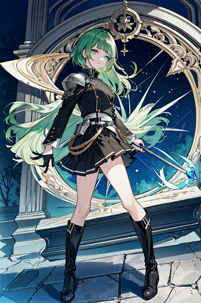 [(with a cathedral background:1.4)::5],original,(shape:1.1),(highest quality),(Tabletop:1.1),(Highly detailed CG Unity 8k wallpaper:1.1), (colorful:0.9),(Mid Shot:0.95),(very detailed beautiful whole body),Dynamic Angle,(alone:1.2), (girl),(((Adult))), (Beautiful eyes in every detail:1.15), (Beautiful Face:1.15), (Glowing green eyes:1.25////),(Gemstone Eyes),(Green Short Hair),(Blunt bangs),((The girl wear a black knight uniform)),Realistic,, girl,Green Hair,((Black long boots)), Black mini skirt,Black knee socks(rage),(Contempt and contempt),rage,(beautiful slender girl),((Adult)),((whole body)),Valkyrie, Decorations,((Thin legs)),((slender girl)),Front Angle,Front Angle,