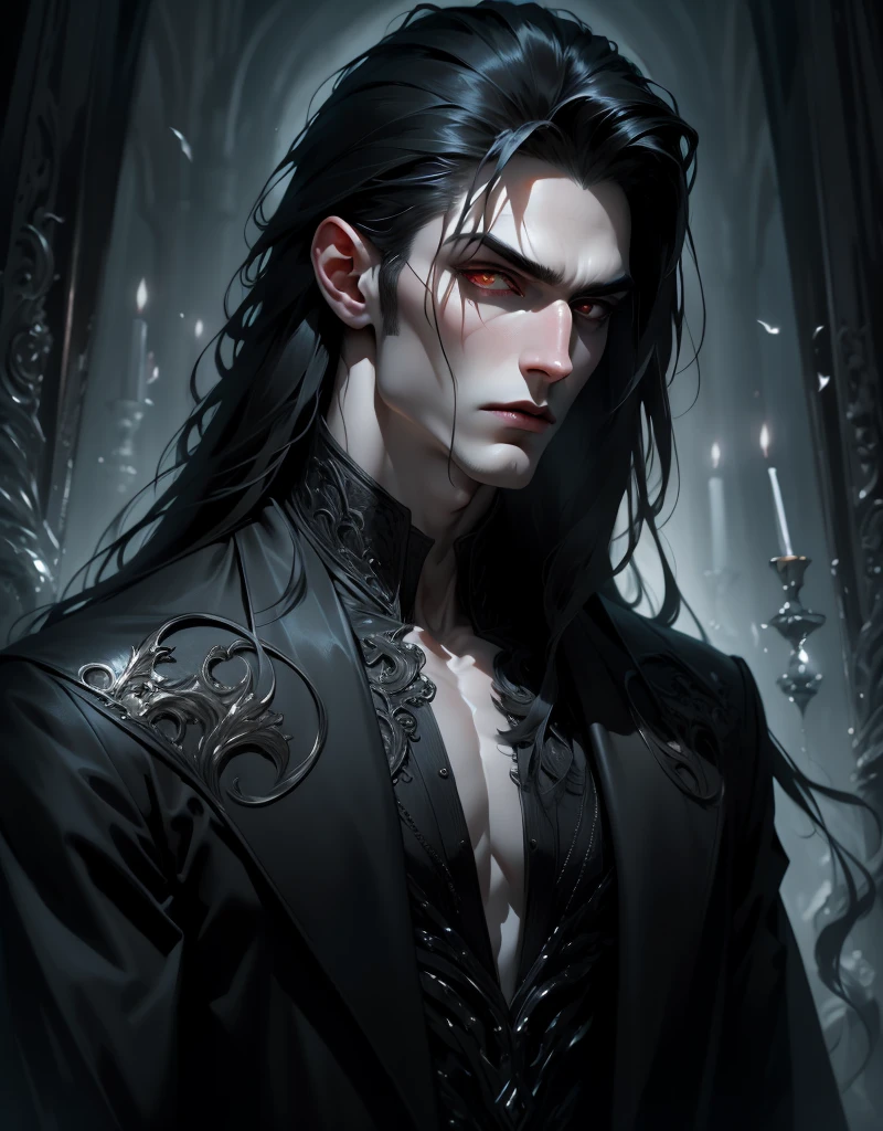 {anatomy}(Masterpiece - Ultra-detailed, very high resolution) Prepare to be enchanted by a true masterpiece that combines ultra-detailed art with high-resolution rendering. This work portrays a vampire man with long black hair (1.3) and captivating golden eyes (1.2), emanating an aura of mystery in dark settings. The intricate details and realistic textures invite you to explore every aspect of this enchanting composition. Vampire man. Black tunic. Serious expressions. Pale skin like a vampire. Dynamic poses.