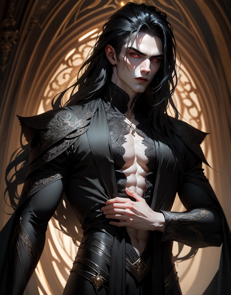 {anatomy}(Masterpiece - Ultra-detailed, very high resolution) Prepare to be enchanted by a true masterpiece that combines ultra-detailed art with high-resolution rendering. This work portrays a vampire man with long black hair (1.3) and captivating golden eyes (1.2), emanating an aura of mystery in dark settings. The intricate details and realistic textures invite you to explore every aspect of this enchanting composition. Vampire man. Black tunic. Serious expressions. Pale skin like a vampire. Dynamic poses.
