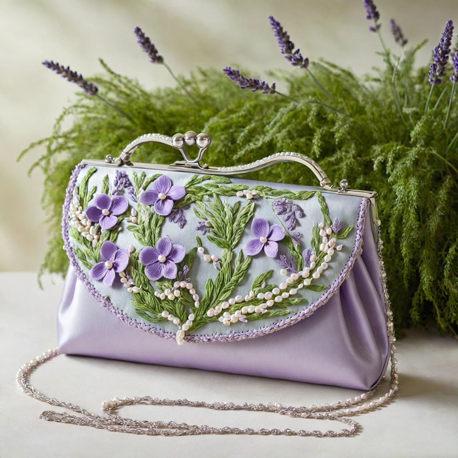 A close-up, cinematic photo of a dreamlike lavender clutch crafted from luxurious leather. Delicate strands of freshwater pearls are meticulously woven into the leather at the clutch's flap. The top edge is adorned with a hand-stitched lavender satin trim. A vintage-inspired silver clasp with a tiny pearl sits at the closure. A single silver chain strap rests beside the clutch, while a delicate lavender satin ribbon strap is looped around the clutch's handle. The clutch rests on a bed of vibrant green moss, dappled with sunlight filtering through the leaves of a lush botanical garden. Delicate lavender flowers can be seen surrounding the clutch, creating a cohesive and dreamy atmosphere.