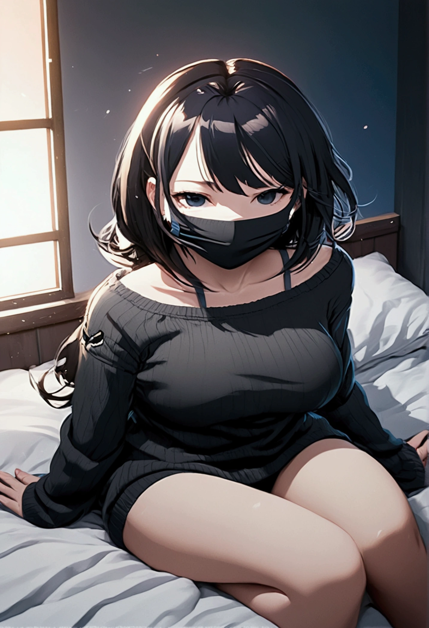 , big black sweater, The G cup bust, black facemask in face, sitting on bed, staring at camera, 22 years old, sweater over her arms, black hair