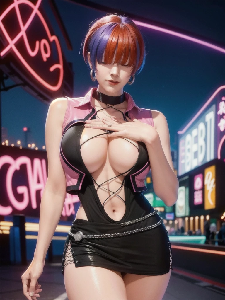 (night), in a video game scene with a neon background and a neon light, Standing at attention, pink suit, pink jacket, choker, neckline, clothing cut, earrings, purple hair, she has long bangs in her hair that cover her eyes ((hair over eyes)), 1 girl, 20 years old, Young woman, Beautiful finger, Beautiful long legs, Beautiful body, Beautiful nose, Beautiful character design, perfect face, looking at viewer (focusing on his face), mouth closed, Light_Smile, official art, extremely detailed CG unity 8k wallpaper, perfect lighting, colorful, bright front lighting, shiny skin, (masterpiece: 1.0), (best_quality: 1.0), ultra-high resolution, 4K, ultra-detailed, photography, 8K, HDR, high resolution, absurdities:1.2, Kodak portra 400, film grain, blurred background, bokeh:1.2, lens flare, (vibrant_color:1.2), professional photography, (Beautiful, breasts: 1.4), (beautiful_face: 1.5), (narrow_waist),
