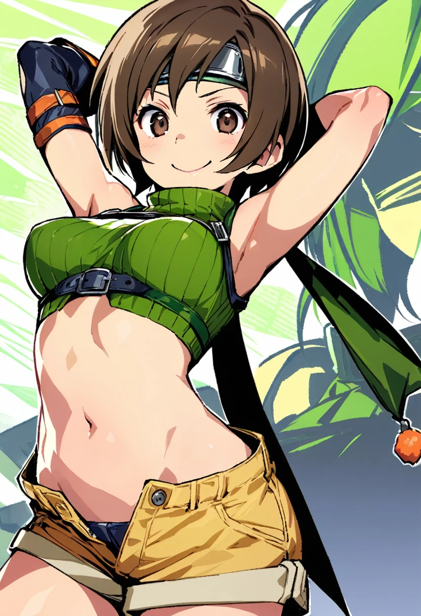 score_9, score_8_up, score_7_up,,BREAK , ,navel below view.,mediumshot,arms up,arms behind head.,looking_at_viewer,1girl, yuffie kisaragi, final fantasy, short hair,headband,navel,sleeveless,turtleneck,brown eyes,sleeveless turtleneck,solo,breasts,looking at viewer,smile,gloves,crop top,brown hair,shorts,midriff,,sweater,open fly,fingerless gloves,ribbed sweater,medium breasts,,smile,smug,best quality,aesthetic,very aesthetic,masterpiece,(high-resolution), 
