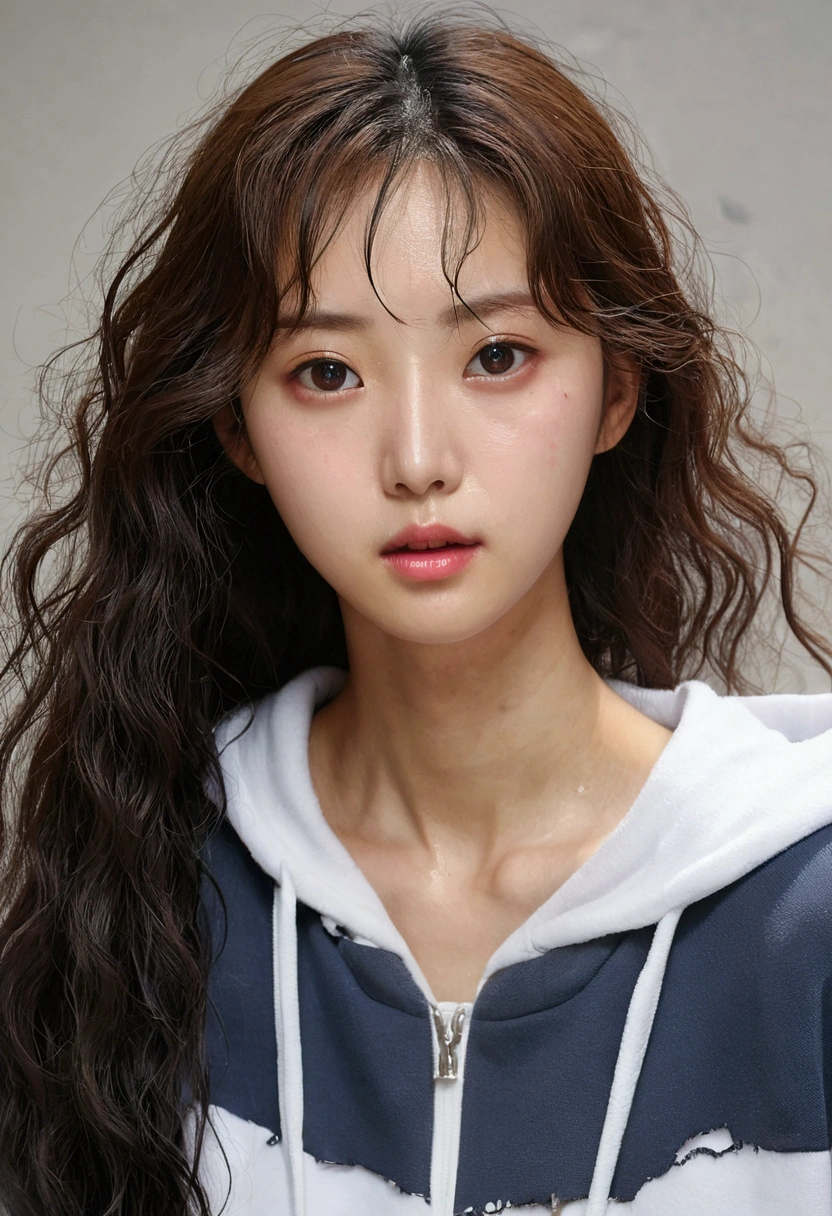 The highest image quality, tmasterpiece, super tall:1.4), Number of photos, 1 girl in,Highly Detailed Face and Skin Textur, Detailed eyes, photorealistic eye, Beautiful detailed eyes, (Realistic skin), Attractive, Ultra-high sharpness, hyper realisitc, Very meticulous, the golden ratio, (sweatshirts, water leakage, that'that'too dark, be desperate, compassionate, Poor, light, watery big eyes, watery big eyes, (Torn clothes: 1.5), ((wetclothes: 1.4)), bshoulders, True rain, Wet hair, ((Korea, of the whole body))