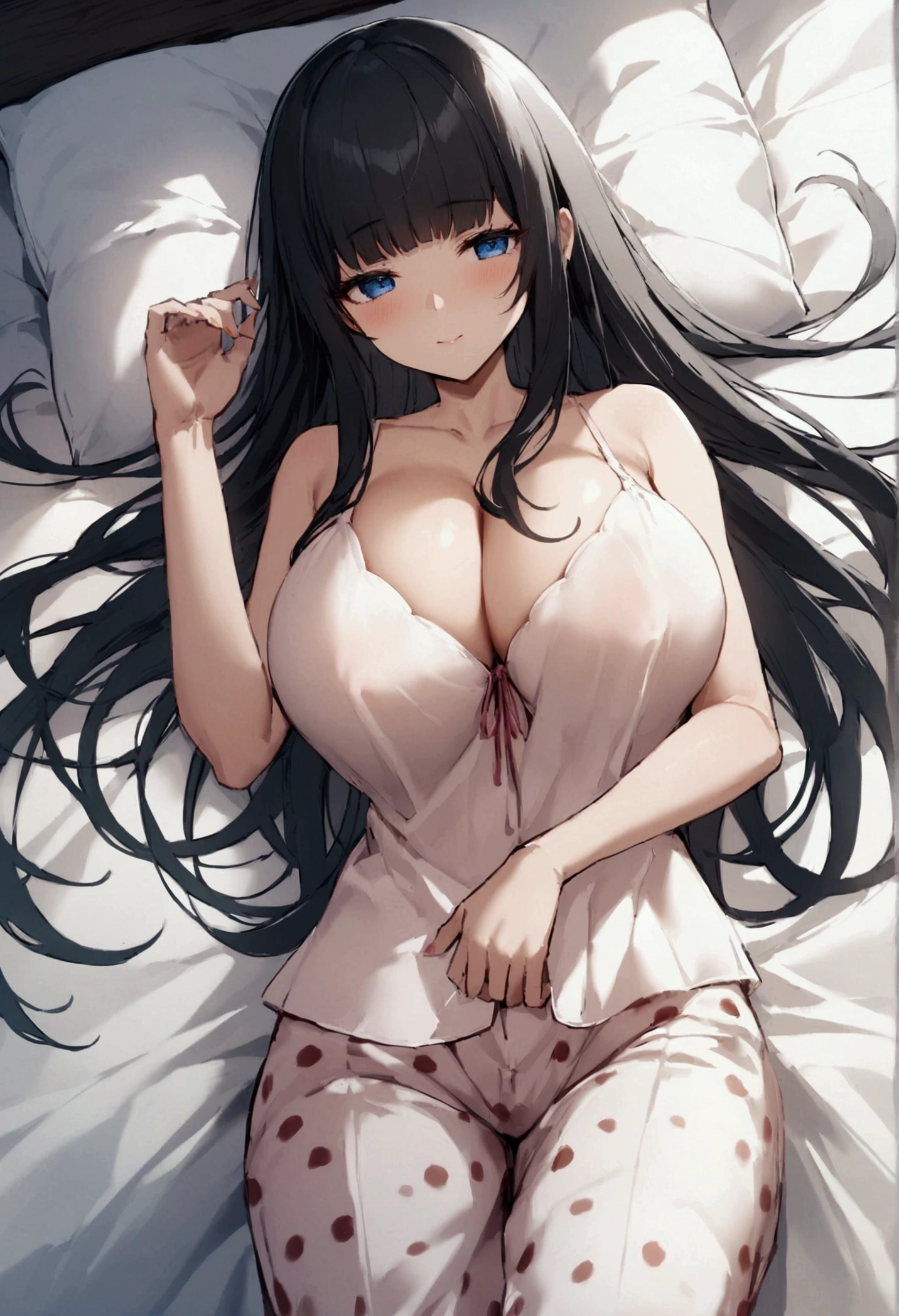 Hime cut with long black hair、Has straight bangs and blue eyes、Girls with very large breasts。Wearing a pajama trouser set。rather large udder。Unbelievably large breasts。Lying alone in bed with my eyes closed。The fabric is opaque