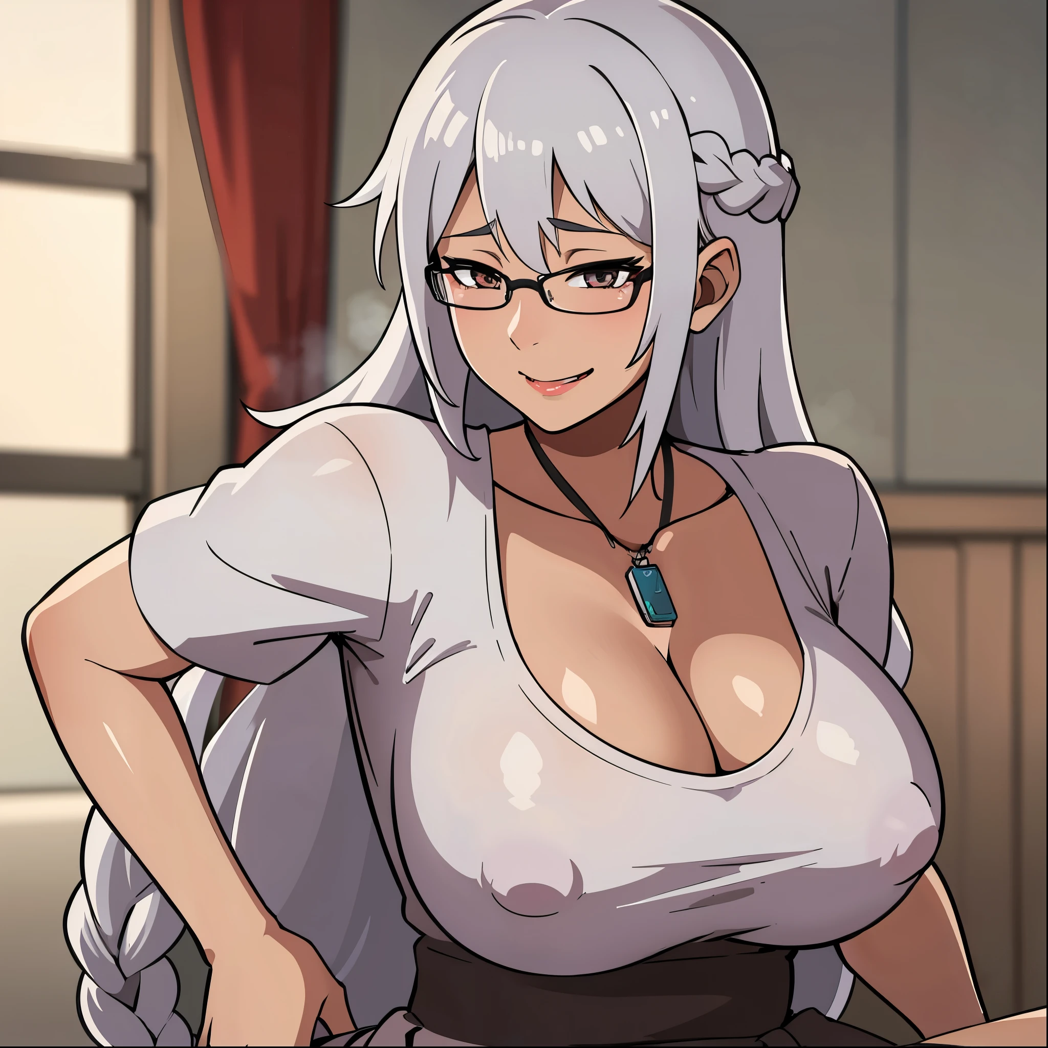 Superior quality, Masterpiece, ultra high resolution,NSFW anime illustration of an older woman with white hair with a long braid, gray eyes and lips, painted lips, she wears glasses and wears a white shirt and a very long brown skirt, her are very big, she has some wrinkles on her face and she is sitting in a room a sofa and smiles while blushing