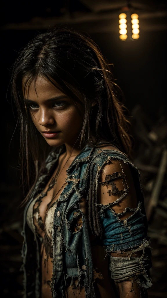 ruins, (beautiful girl), ((In tattered and tattered clothes, Dirty body)), beautiful girl, Highest quality, 8ก, Masterpiece, (Detailed eyes and face), (detailed hands), Professional photography techniques, movie theater lighting, (tears from eyes)