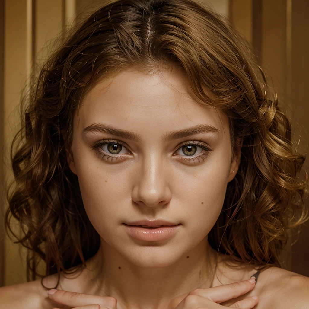 ultra realistic portrait of a blond woman, no makeup, brown eyes, European, curly hair