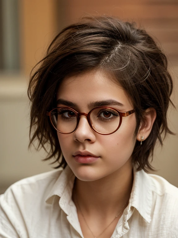 (masterpiece, Best quality:1.2), 1 young tomboy girl, 22, One, Russian chubby brown-eyed girl in glasses with aesthetic small breasts and beautiful erect nipples, Beautiful realistic eyes, round face, round cheeks, small round chin, wide cheekbones, beautiful proportional small wide nose, Plump lips, closed mouth, expressive brown eyes, long eyelashes, glasses with lenses, A little crazy look, sparkle in the eyes, spiky tousled dark brown tousled slightly wavy short hair, hair combed into a mohawk, highlighting hair strands in fiery orange color, realistic highlighting, Stylish, loose-fitting linen button-down shirt, I don&#39;t wear a bra because it&#39;s hot, beautiful muscular arms, Graceful fingers, velvety skin, photograph of the upper body from the waist up, high quality human skin textures, realistic hair, Beautiful face, Ideal Anatomy, realistic textures, maximum realism of clothing textures, realistic glasses with distorting lenses, medium shot, free pose, medium shot 