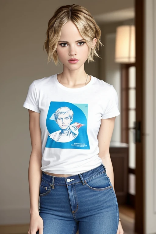 half body shot photo of HalstonSage, focus on face, wearing a tshirt and jeans , her hair is styled as fluffy pixie, runners slim body, small breatst