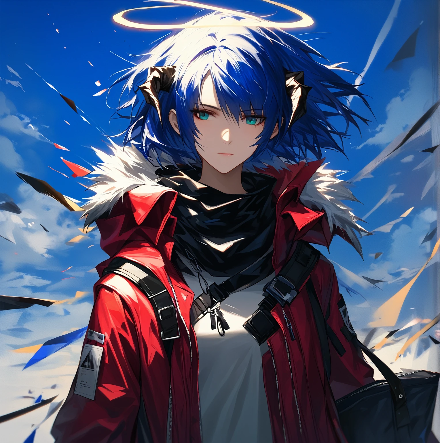 (woman), ((Mostima from arknights)), masterpiece, best quality, blue hair, ((short hair)), horns, plain white shirt, red fullbody coat, dark blue eyes, realistic anime style, faint smile, ((portrait)), black gloves, carring a bag, halo.